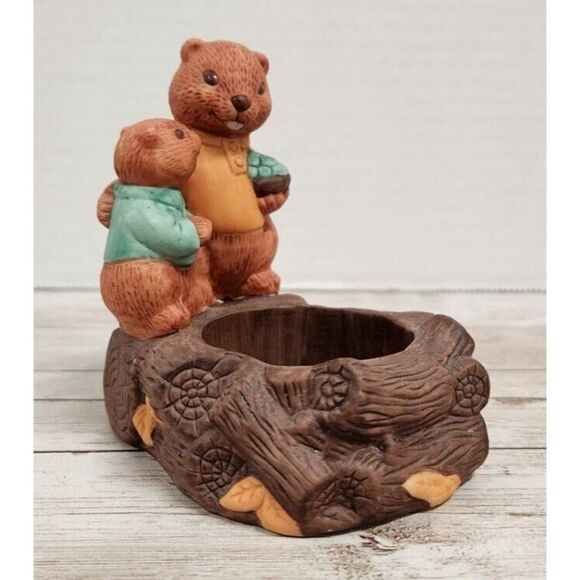 Avon Tea Light Holder Fireside Friends That Beaver Family On Log Votive Candle - Picture 2 of 11